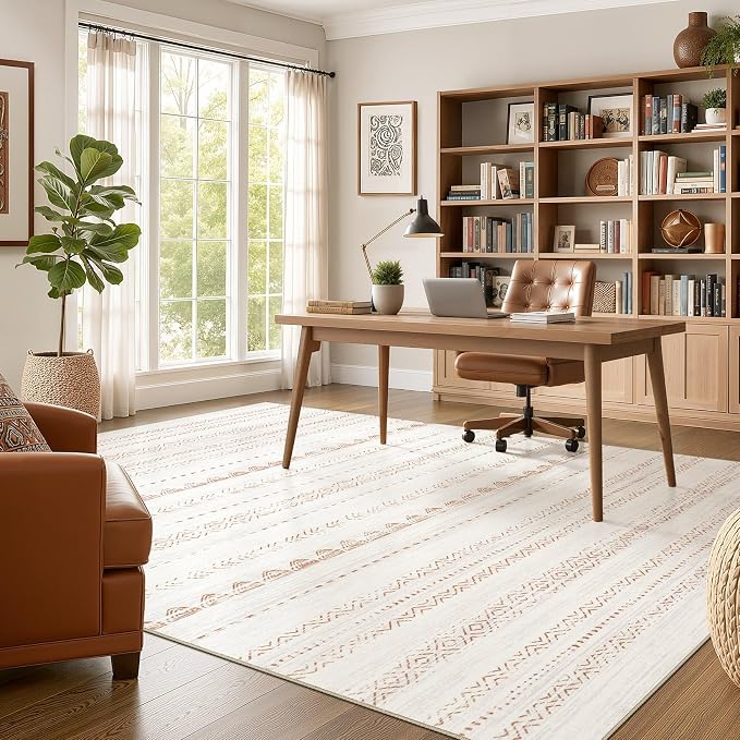 Nakagishi 7x9 Area Rug Living Room: Washable Boho Large Neutral Soft Farmhouse Modern Rugs Stain Resistant Moroccan Non-Slip Indoor Carpet for Bedroom Nursery Kids Playroom Office Dining Room- Brown