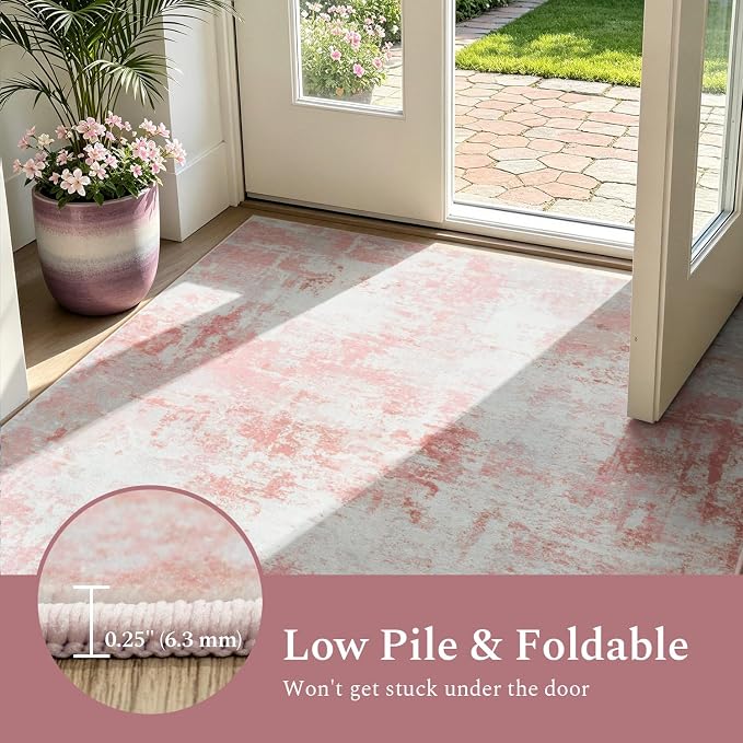 Rugflix 8x10 Area Rugs for Nursery Girls Room, Washable Large Rug Stain-Resistant Low Pile, Modern Non Slip Carpet for Kids Bedroom Living Room Home Office, Pink/White