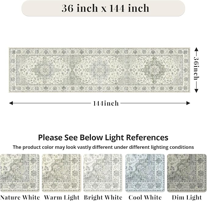 Washable Hallway Runner Rug - 3x12 Floor Carpet Rug Distressed Low Pile Mats Non Slip Soft Rugs for Dining Room with Rubber Backing Bedroom Runner with Vintage Design (Green 3x12)