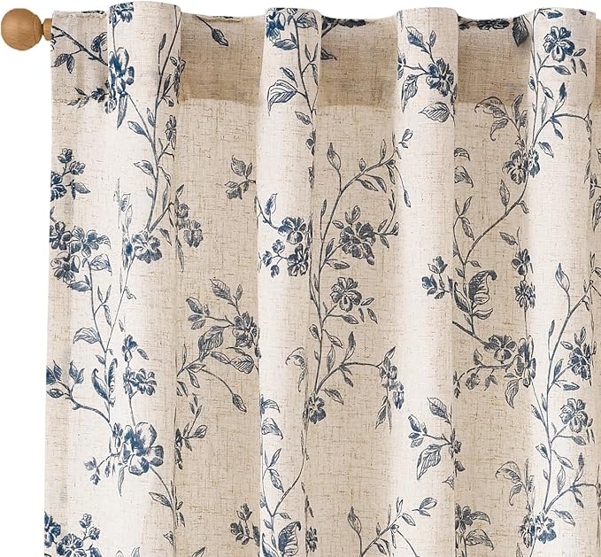 Lazzzy Blue Floral Linen Curtains 84 Inch Farmhouse Back Tab Drapes for Living Room Bedroom Light Filtering Vintage Grandmillennial Rod Pocket Curtains, 2 Panels, W38 x L84, Blue on Beige