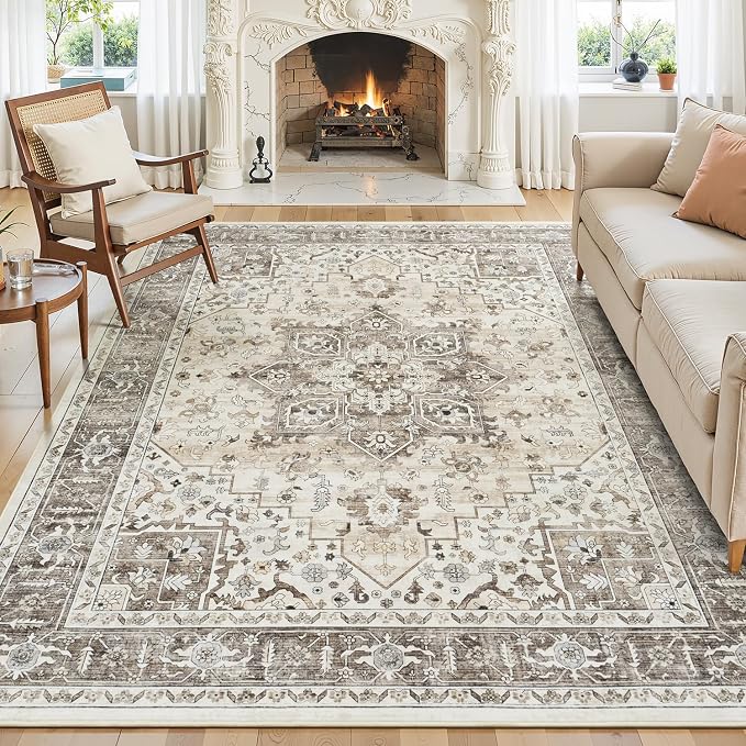 5x7 Neutral Camel Farmhouse Bedroom Rug - Vintage Traditional Oriental Brown Area Rugs for Living Room, Nursery Room, Washable Boho Distressed Floral Non-Slip Rug Low Pile Stain Resistant