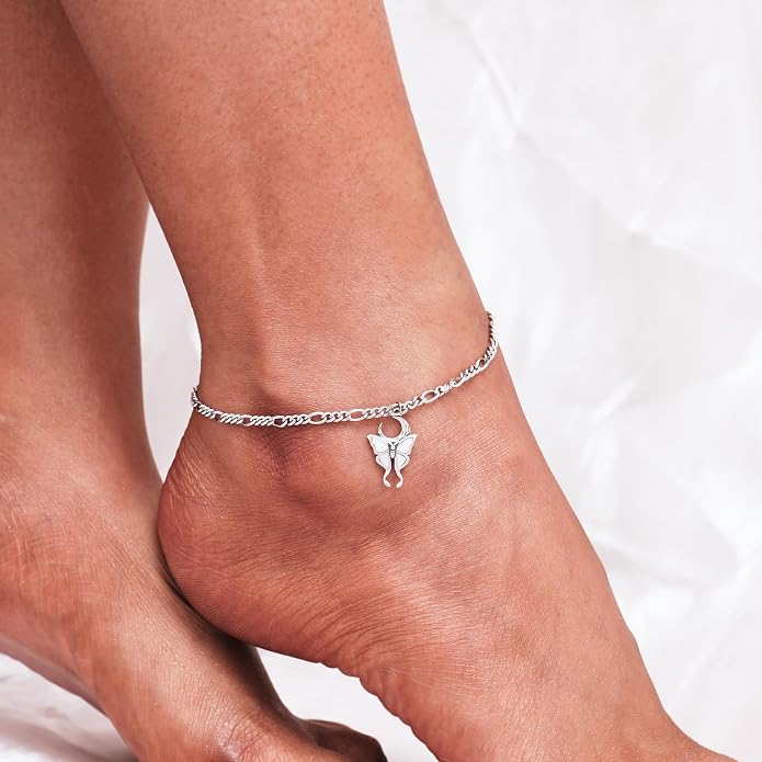 CHIC & ARTSY 925 Sterling Silver Ankle Bracelets for Women, Adjustable Layered Foot Chains with Nature & Symbol Charms, Lightweight Comfort Fit Boho Beach Everyday Jewelry