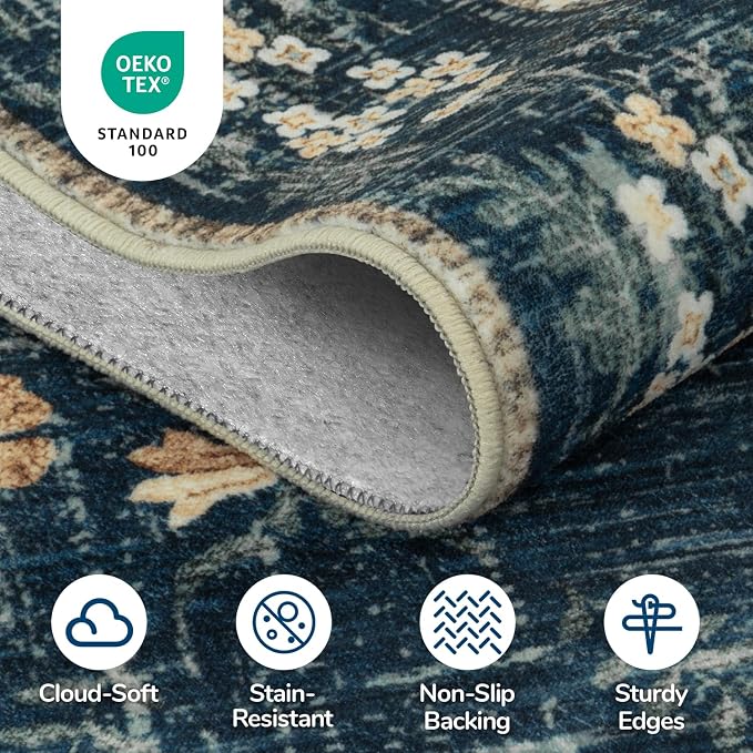 Lessymo Dining Room Rugs for Under Table, 6x9 Washable Area Rug for Living Room, Low Pile Non-Slip Floor Carpet for Bedroom, Stain Resistance Vintage Floral Design Décor, Navy/Beige