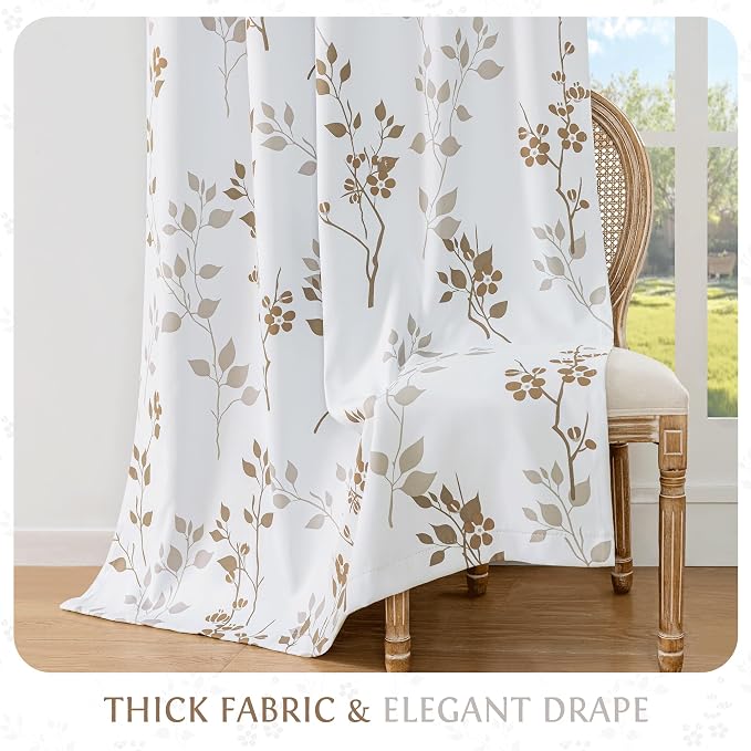 Beauoop Floral 100% Blackout Curtains for Bedroom Tan Brown 52X108 2 Panels | Flower Patterned Brown White Room Darkening Drapes for Living Room Thermal Insulated Soundproof Window treatment Grommet