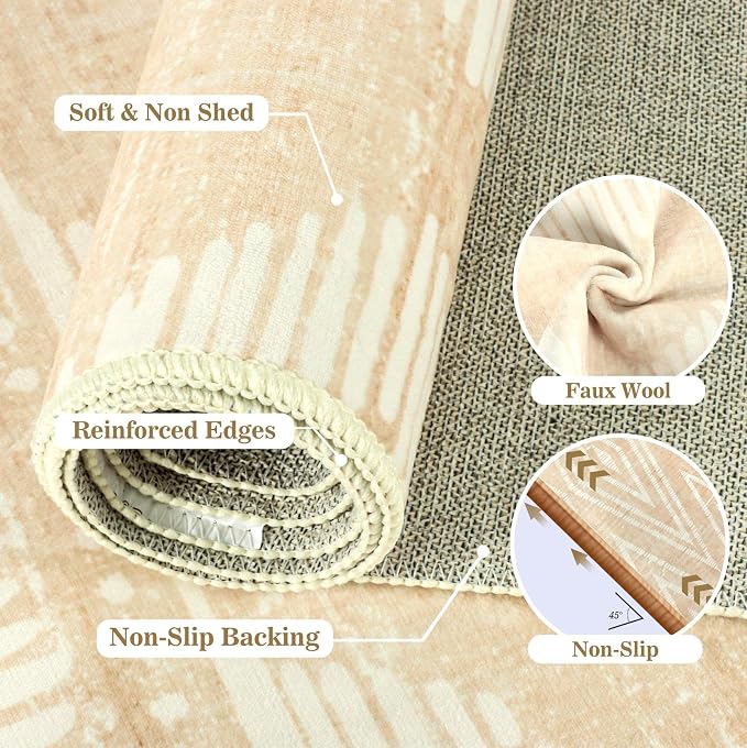 Boho Washable Area Rugs 6x9ft for Living Room, Beige Cream Thin Bedroom Rugs Non Slip, Modern Trellis Soft Kids Nusery Floor Carpets for Dining Room Playroom Home Office Decor