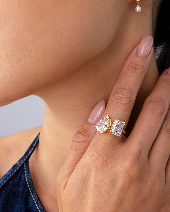 PAVOI 14K Gold Plated Toi Et Moi Radiant-Cut Pear-Shaped Cubic Zirconia Wedding Engagement Ring for Women - Statement Promise Ring