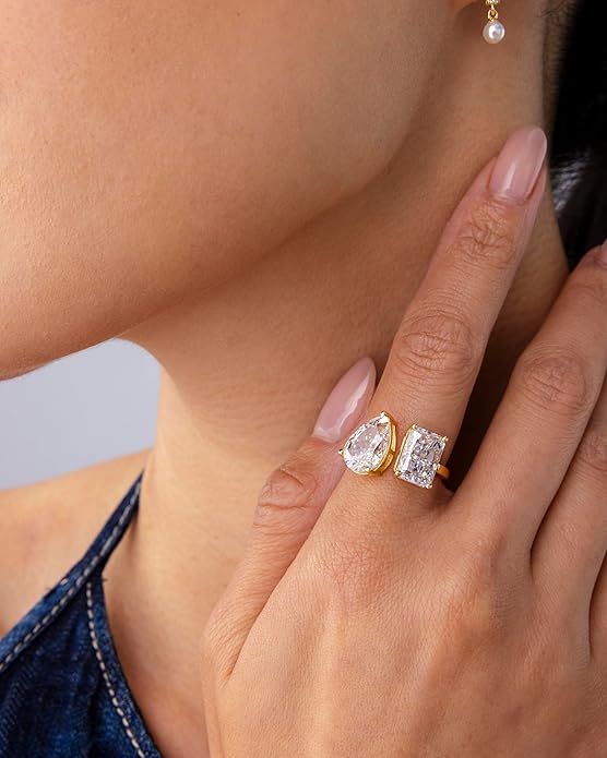 PAVOI 14K Gold Plated Toi Et Moi Radiant-Cut Pear-Shaped Cubic Zirconia Wedding Engagement Ring for Women - Statement Promise Ring