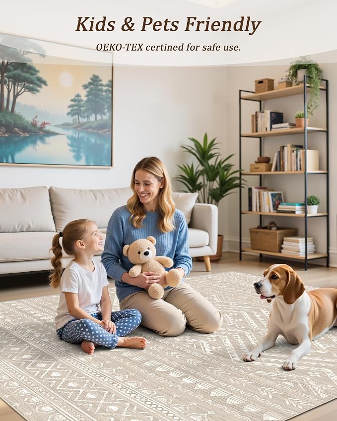 Miukiki 5x7 Area Rug for Living Room Moroccan Washable Rugs Non Slip Indoor Floor Carpet Foldable Large Soft Area Rug for Dining Room Bedroom with Low Pile(Brown,5'x7')