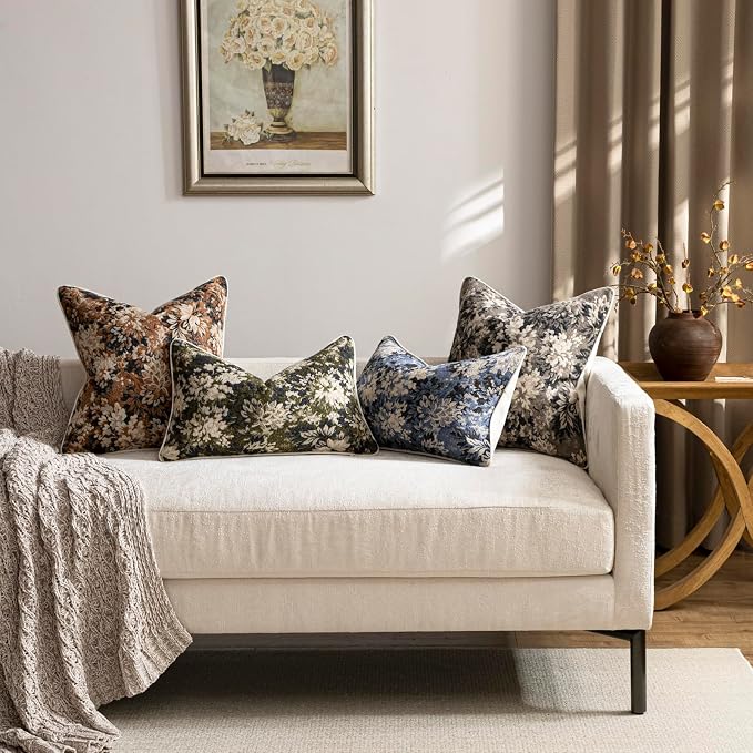 DEZENE Pack of 2 Vintage Floral Throw Pillow Covers 20x20 Boho Farmhouse Accents Chenille Square Decorative Pillow Cases for Living Room Couch Bed Home Decor, Taupe