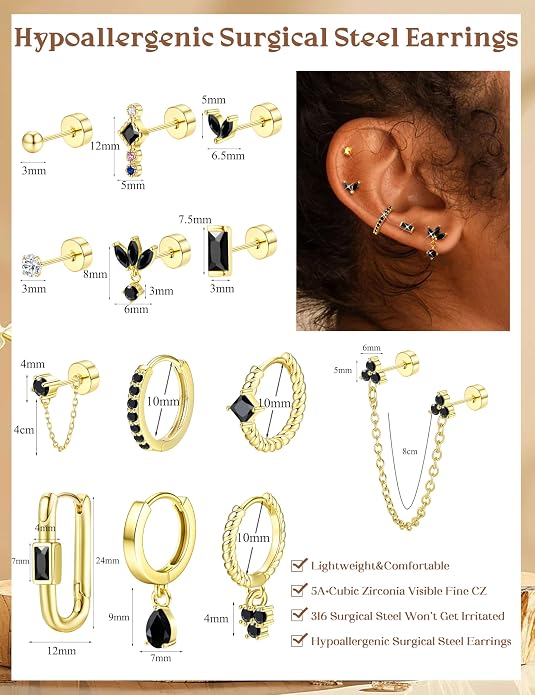 ORAZIO 20G Helix Piercing Jewelry Flat Back Cartilage Earrings for Women Surgical Stainless Steel Hypoallergenic Hoop Stud Earrings Set Tragus Helix Piercing Jewelry for Sensitive Ears Single Pc