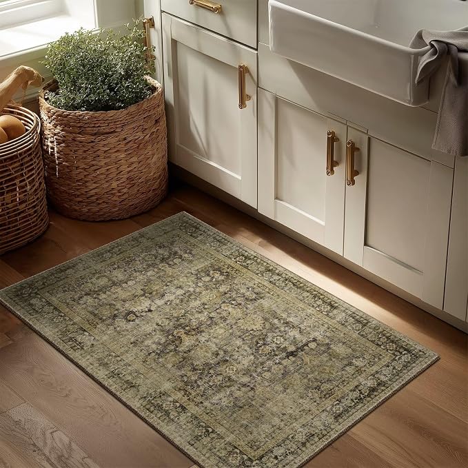 Washable 2x3 Entryway Rug, Boho Vintage Non-Slip Door Mat, Dark Green | 0.3" Neutral Throw Small Rugs for Bedroom Kitchen Nursery Entrance, Cushioned for High-traffic Area