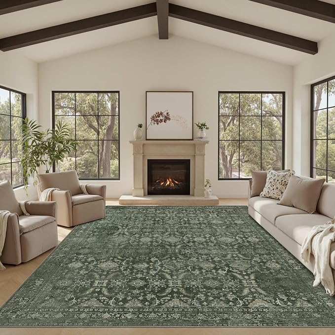 Rugxara Green 8x10 Area Rugs for Living Room Bedroom Large Washable Rug | Non Slip, Rug for Dining Room Bedroom Office Kids Room, Stain Resistant, Soft, Low Pile, Vintage Boho Retro Carpet,Home Decor