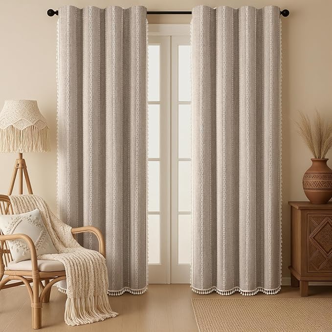 Khaki Brown Boho Blackout Curtains 2 Panels 84 Inch for Living Room Bedroom, Warm Taupe Linen Texture Farmhouse Curtains with Tassels and White Cotton Embroidery Vintage Rustic Country Western