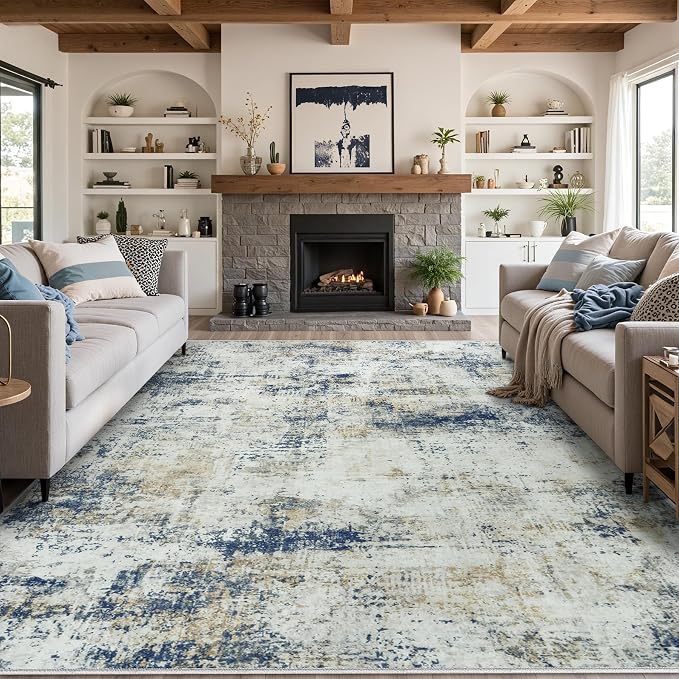 8x10 Area Rugs for Living Room Bedroom: Abstract Washable Rug with Anti-Slip Backing Non-Shedding Stain-Resistant Soft Large Carpet for Dining Room Nursery Hallway Indoor Home Office Blue Brown