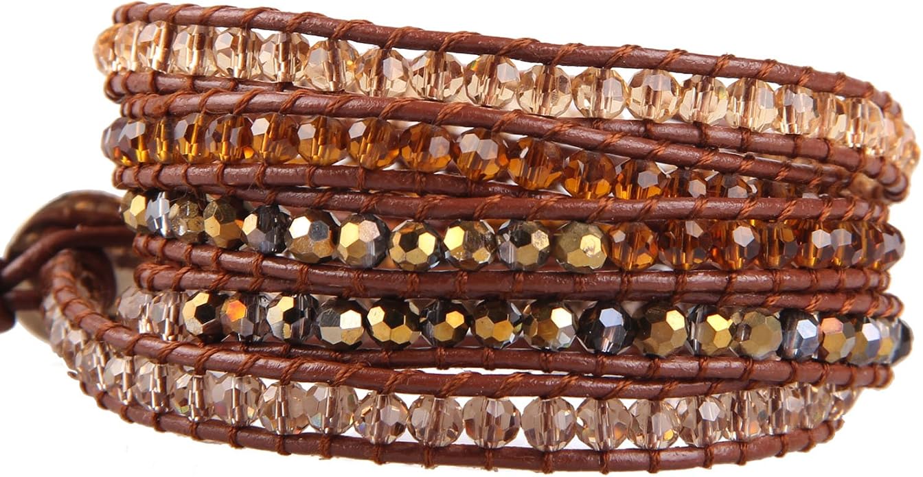 KELITCH Pearl Crystal Beads Bracelets Handmade Natural Leather 5 Wrap Bracelet for Women Classic Bangle Jewelry