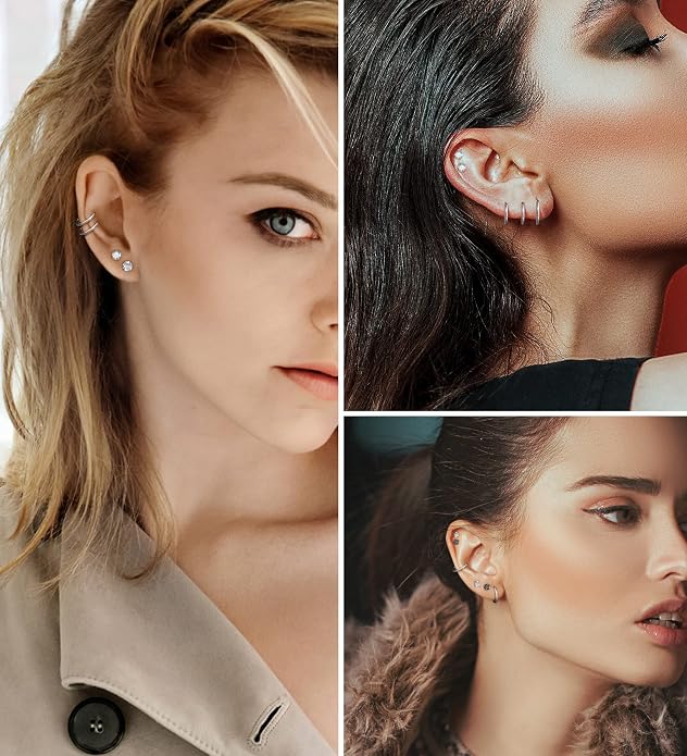 MJust Titanium Earrings for Sensitive Ears 20G Hypoallergenic Stud Hoop Earrings for Women Men Opal Ball CZ Heart Pearl Flat Back Earrings Cartilage Earrings Set