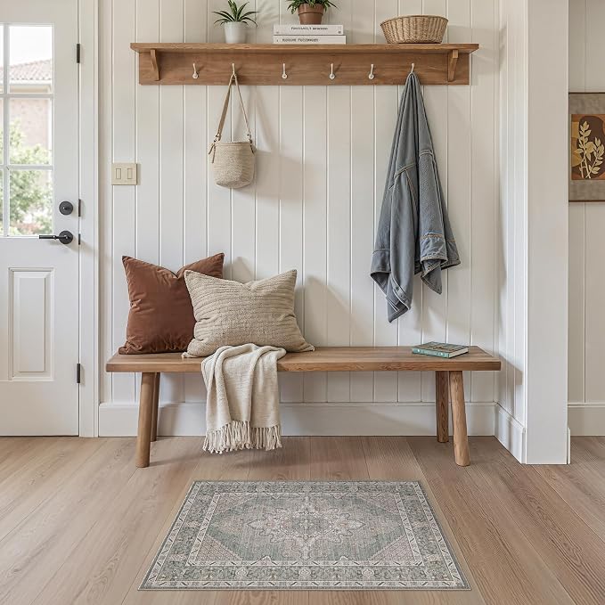 Tortania Area Rug 2x3 Doormat - Washable Vintage Oriental Farmhouse Soft Thin Indoor Carpet for Living Room Bedroom Hallway Entryway Kitchen - Green Gray