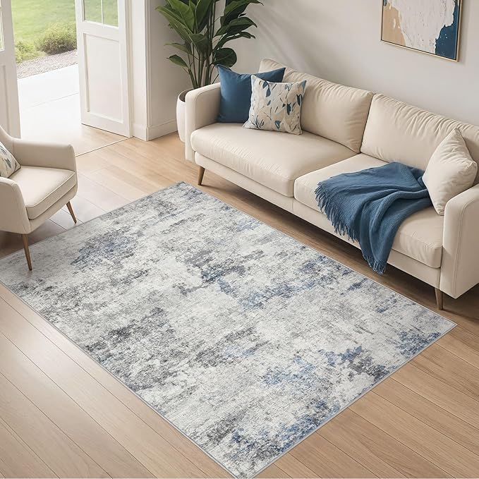 DMOYEST 4x6 Area Rug - Washable & Non Slip Indoor Rug for Living Room, Ultra Soft Abstract Low Pile Carpet, Kid & Pet Friendly Neutral Decor for Bedroom - Grey Blue