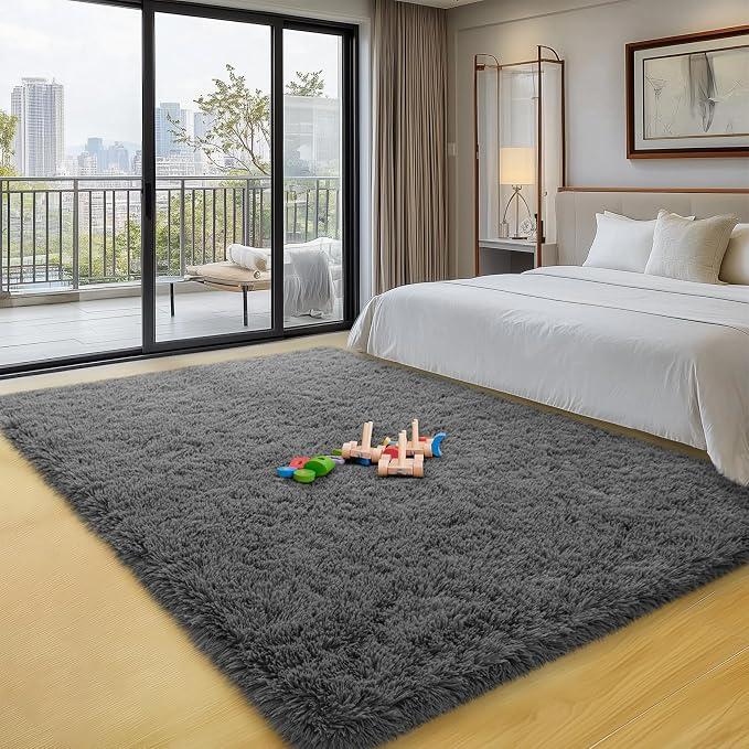 qulint 4x6 Bedroom Area Rug, Dark Grey Fluffy Rug for Living Room Boy Room | Fuzzy Shag Small Carpet, Plush Shaggy Modern Alfombras for Nursery Dorm Kid Room Classroom Home Decor