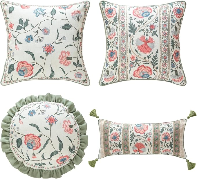ISAENNE Designer Elegant Linen Throw Pillow Cover,Set of 4-Daffy Set | French Cottage Pillow Cover,Concealed Zipper,Floral Pattern,Sofas,Bedroom,Living Room,Lounge Chairs,All Season Home Decor