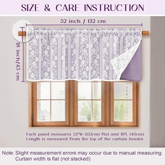 ASPMIZ Linen Valances for Windows Double Layer Valance Curtains with Lace Overlay, Purple Kitchen Curtains Light Filtering, Rod Pocket Window Valances for Living Room, Kitchen, Cafe, Bathroom, 52x18