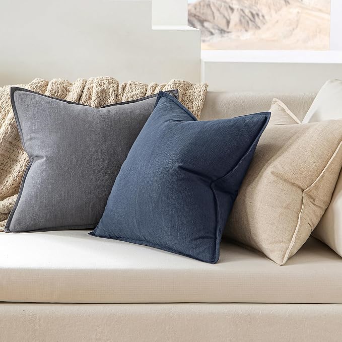 MIULEE Decorative Linen Pillow Covers 18x18 Inch Indigo Blue | Boho Farmhouse Neutral Couch Throw Pillows for Bed, Pack of 2 Accent Coastal Modern Pillowcases, Sofa Livingroom Home Decor