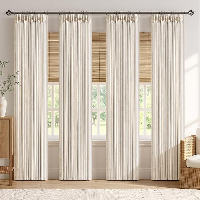 MIULEE 4 Panels Set Pinch Pleated Linen Curtains 90 Inches Long for Living Room Bedroom, Thick Linen Textured Memory Trained Pleat Drapes Back Tab Light Filtering Brich Window Curtains with Hooks