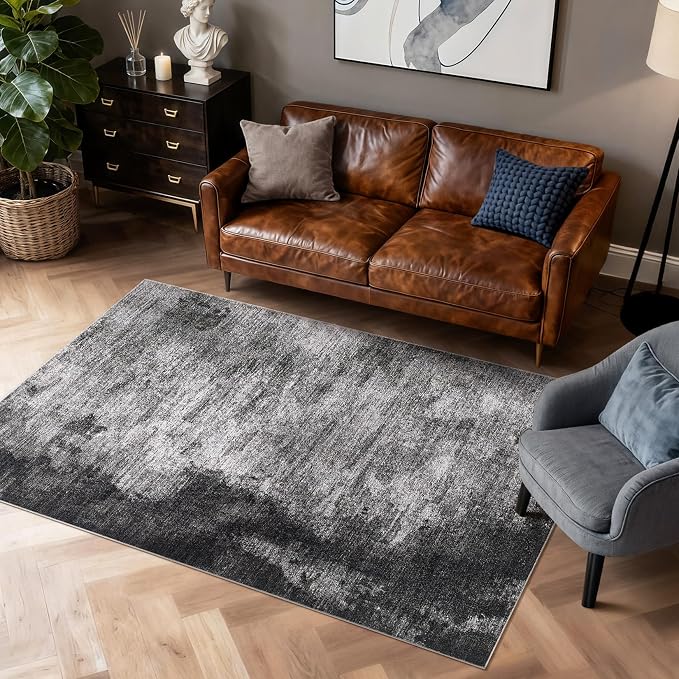 DMOYEST 5x7 Area Rug - Washable & Non Slip Indoor Rug for Living Room, Kid & Pet Friendly Abstract Low Pile Soft Carpet for Bedroom and Dining Room - Dark Grey Blue