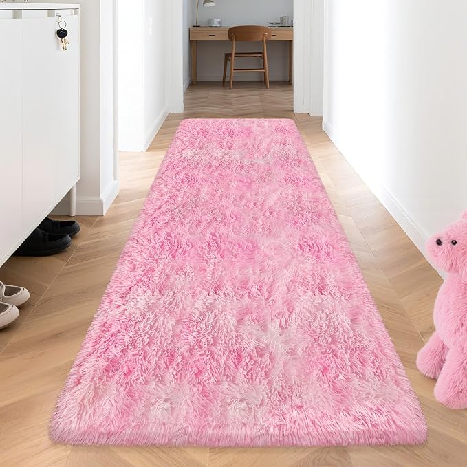 Fluffy Pink Shag Rug for Bedroom Girls 3x10 Runner Rug, Soft Pink Fuzzy Rug for Girls Room Bedside Living Room Hallway Plush Long Carpet Runner for Kids Room Nursery