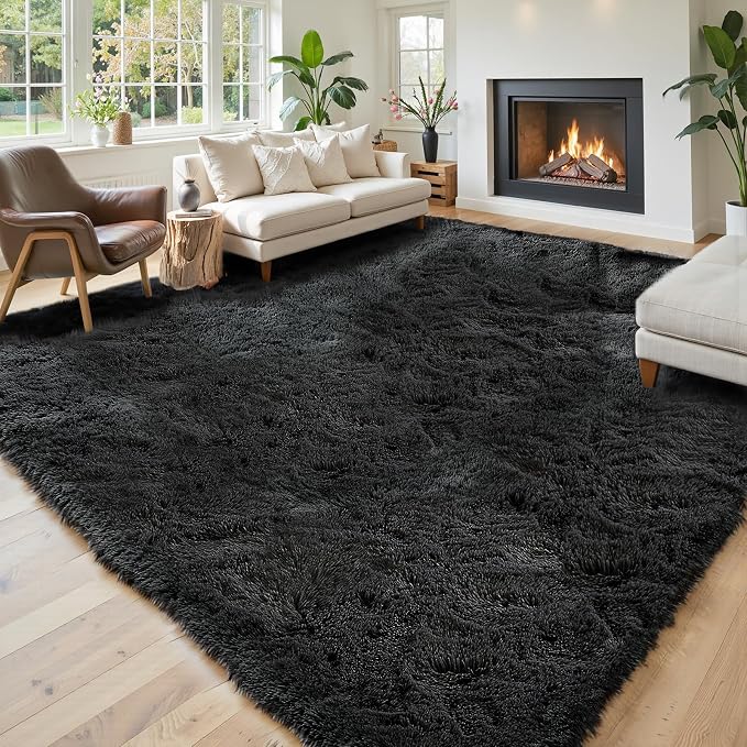 Area Rugs 9x12 Living Room,Large Area Rug Shaggy Carpet Soft Plush Furry Bedside Rug, Machine Washable Area Rugs for Bedroom Home Decor Non-Slip(9 x 12, Black)