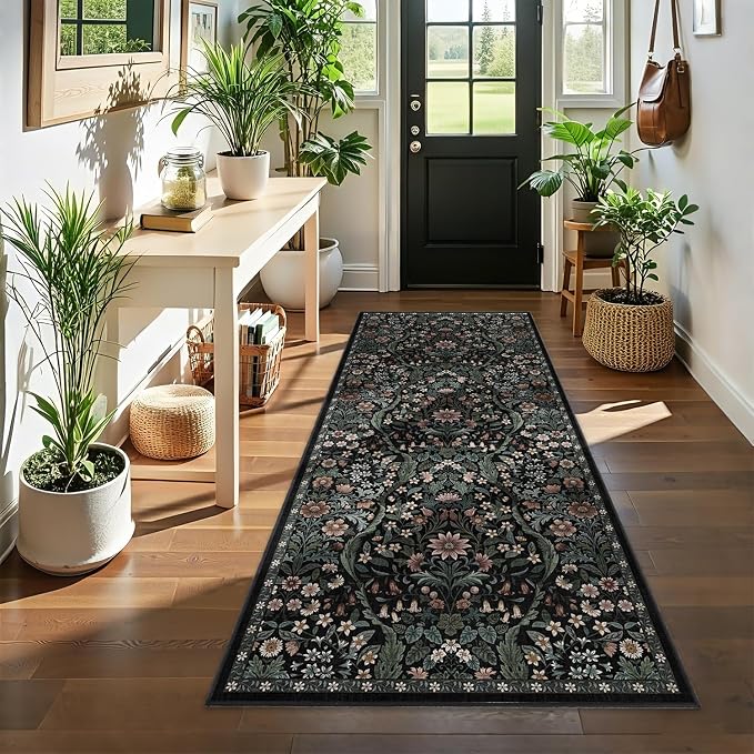 3x7 Washable Runner Rug,Black Floral Boho Area Rug for Hallway,Low-Pile Non-Slip Stain Resistant Carpet for Kitchen, Bedside,Laundry Room,Entryway