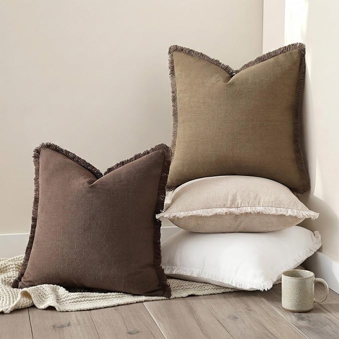 decorUhome Linen Fringe Light Brown Throw Pillow Covers 18x18 Set of 2 | Decorative Soft Accent Modern Boho Farmhouse Cushion Covers with Tassels Cotton Pillow Covers for Couch Bed Sofa