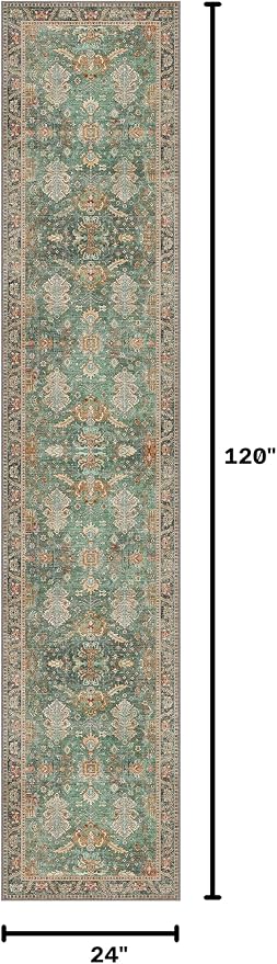 Bavni Runner Rug, Machine Washable Rugs for Bedroom 2x10, Non Slip Boho Rugs with Rubber Backing, Ultra-Thin Folable Rug Runner for Hallways Bathroom, Sage/Gold