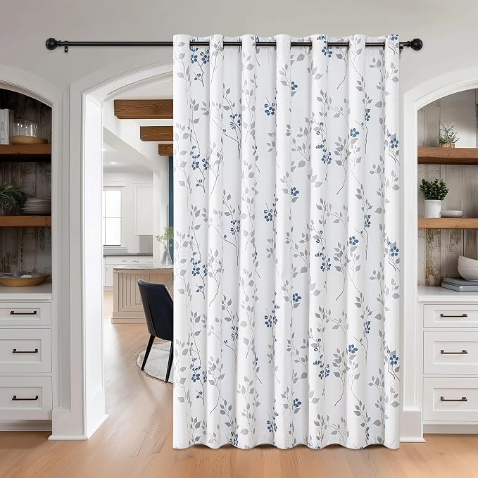 Beauoop Floral 100% Blackout Sliding Door Curtains Blue Grey 100x84 1 Set | Flower Patterned Blue White Room Darkening Patio Curtains Extra Wide Room Divider Drapes Thermal Window treatment Grommet