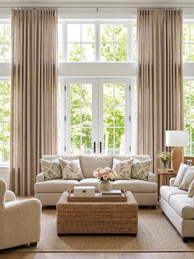 Liz Pinch Pleated Linen Curtains Light Filtering Curtains for Living Room, Farmhouse Window Curtains for Bedroom, Modern Drapes with Hooks and Rings, 102 Inches Long, Taupe Grey, 2 Panels Set