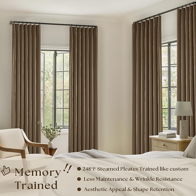 Dutch Cocoa Pinch Pleated 100% Blackout Linen Curtains 84 Inch Length 40x84 | Room Darkening Black Out with Liner, Noise Reducing, Pleat Back Tab, Dark Brown Window Curtains, for Living Room Bedroom