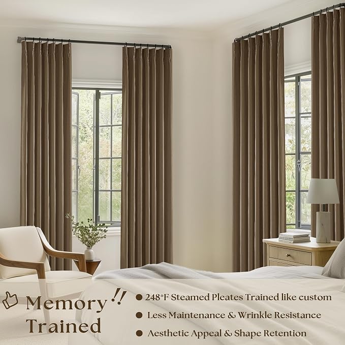 Dutch Cocoa Pleated Linen Blackout Curtains 102 Inches Long for Bedroom | 100% Black Out Thermal Insulated, Pinch Pleat with Rings Hooks, Room Darkening Drapes with Liner, for Living Room W40xL102