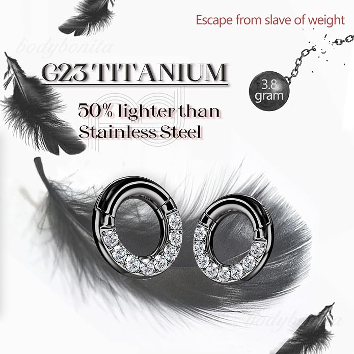BodyBonita G23 Titanium 0G 2G 4G 6G 8G 10G 12G 14G CZ Septum Rings PA Nose Hoops Clicker Ear Weights for Stretched Ear Piercing Jewelry 10mm 12mm Silver/Gold/Black