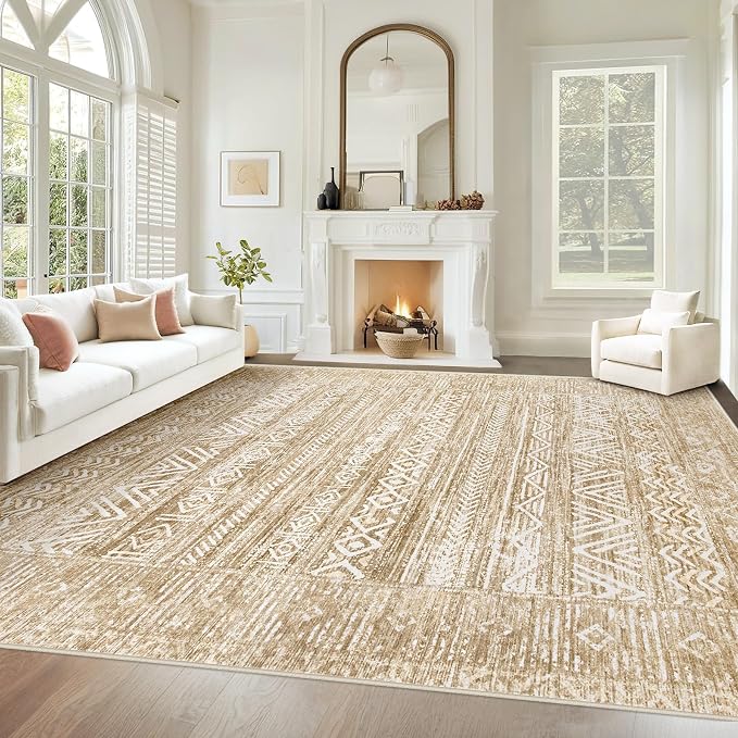 Living Room Rugs 9x12: Washable Moroccan Geometric Boho Rug Farmhouse Non Slip Stain Resistant Large Rug Low Pile Soft Carpet for Bedroom Dining Room Kids Room (Light Brown,9'x12')