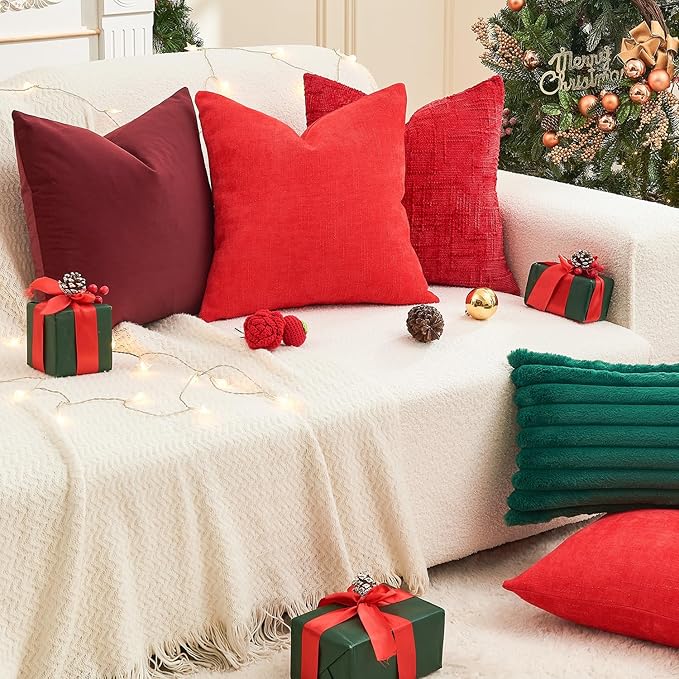 Pack of 4 Christmas Red Pillow Covers 20x20 Inch Chenille Throw Pillow Covers Solid Decorative Soft Xmas Cushion Covers Home Boho Textured Decor for Couch Sofa Bed Living Room