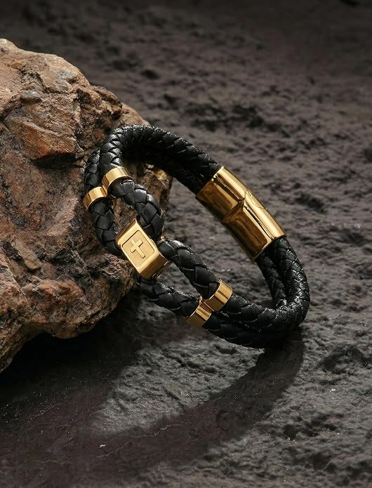 Mens Leather Cross Bracelet Multilayer Braided Wristband Bangle Bracelets with Stainless Steel Buckle Religious Gift for Men Brown/Black/Blue–8.3 inch