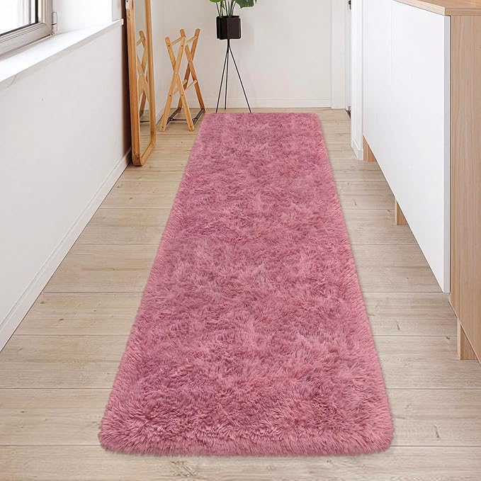 Soft Runner Rug for Bedroom Living Room, 2x6 ft Fluffy Blush Pink Rug for Bedroom Girls Room, Washable Girls Fuzzy Rugs for Kids Room Bedside Nursery Dorm Pink Shag Carpet Runner for Hallway