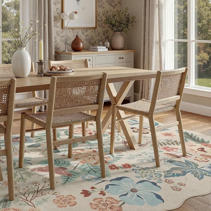 DCX Beige Floral Rug 5x7, Washable Beige Rug for Living Room, Kid & Pet Friendly with Rubber Back Non Slip, Soft Low Pile Carpet, Stain Resistant Rug for Bedroom, Nursery, Dining Room