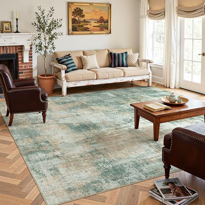 DMOYEST 10x14 Area Rug for Living Room, Washable & Non Slip Large Indoor Carpet, Kid & Pet Friendly Soft Thin Low Pile Abstract Rug for Bedroom and Office - Green