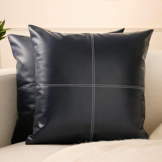 Encasa XO Faux Leather Throw Pillows Covers 20"x20" (Set of 2) | Navy Blue Stitch Decorative Cushion Covers | Modern Farmhouse Pillow Cases for Outdoor, Living Room, Bedroom, Couch, Sofa