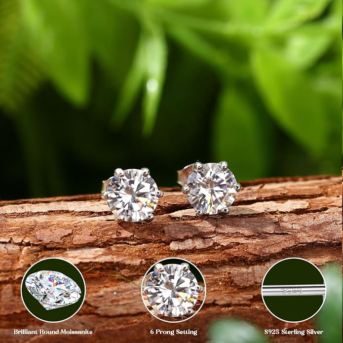 Moissanite Stud Earrings : 18K White Gold Plated Solid 925 Sterling Silver Earring Hypoallergenic Dainty Flat Back Stud Earrings Jewelry for Women Men D Color VVS1 Clarity