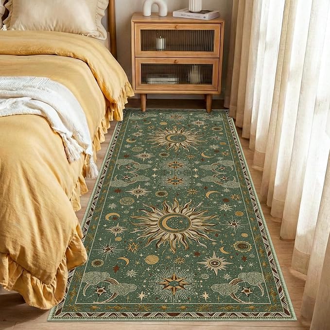 Vacuum-Friendly, 2x6 Washable Area Rug, Green Brown | Sun and Moon Boho Gothic Non-Slip Low Pile Living Roon Bedroom Dining Room Kitchen Entry Entryway Entrance Hallway Doormat