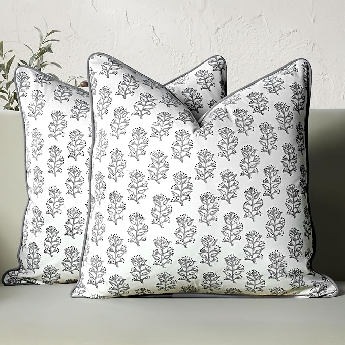 CPC 100% Cotton Throw Pillow Covers 20x20 Inch, Set of 2 Block Print Pattern Couch Pillow with Hidden Zipper, in Collabaration with Southern Source- Misty Grey Floral