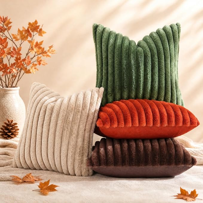 decorUhome Fall Faux Fur Throw Pillow Covers 26x26 Set of 2 Rust | Decorative Soft Cozy Striped Plush Modern Farmhouse Boho Couch Pillow Cases Velvet Back for Sofa Bed Living Room Home Decor