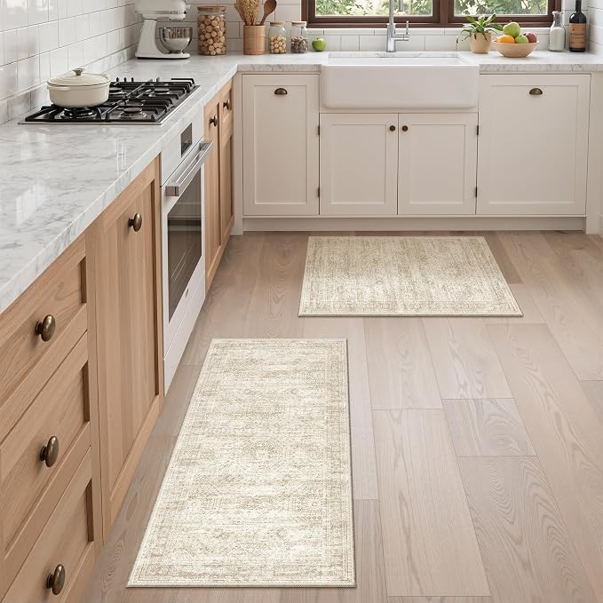 Kitchen Rugs Sets of 2, 2x3 2x4 Rug Runner,Beige | 2 Piece Washable Rug for Hallway,Entryway,Bedroom,Dining Room,Thin,Soft Runner Rug,Stain Resistant Indoor Carpet,Non Slip